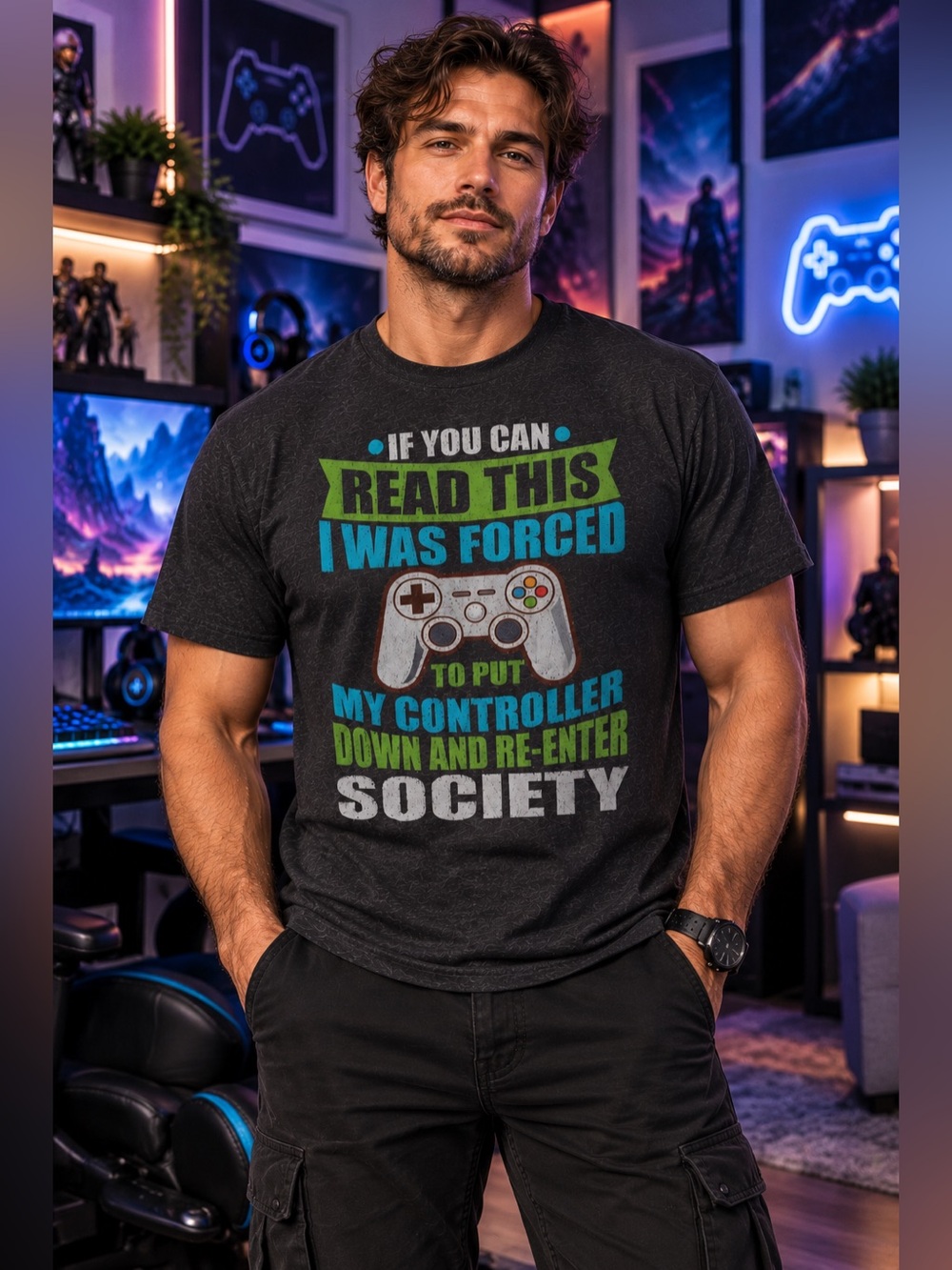 Gamer Controller Funny Graphic T-Shirt Charcoal Sz XL Geek Chic Skater Novelty